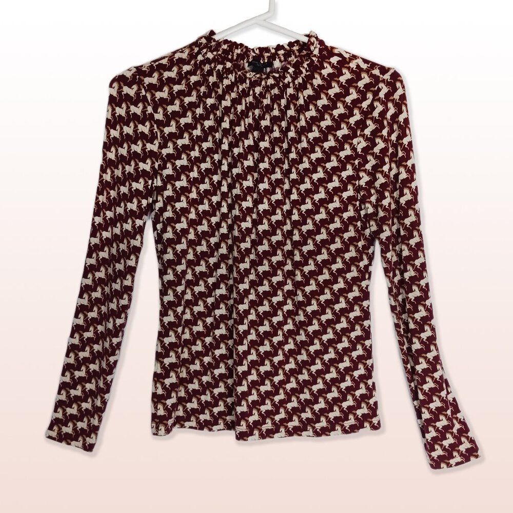 Ann Taylor Horse Print Burgundy Stretch Blouse Ruffle Neck Size Sp